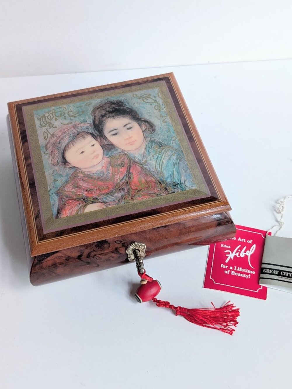 Ruege Swiss Handmade Italian Musical Jewelry Box: Edna Hibel Mother & Child Art